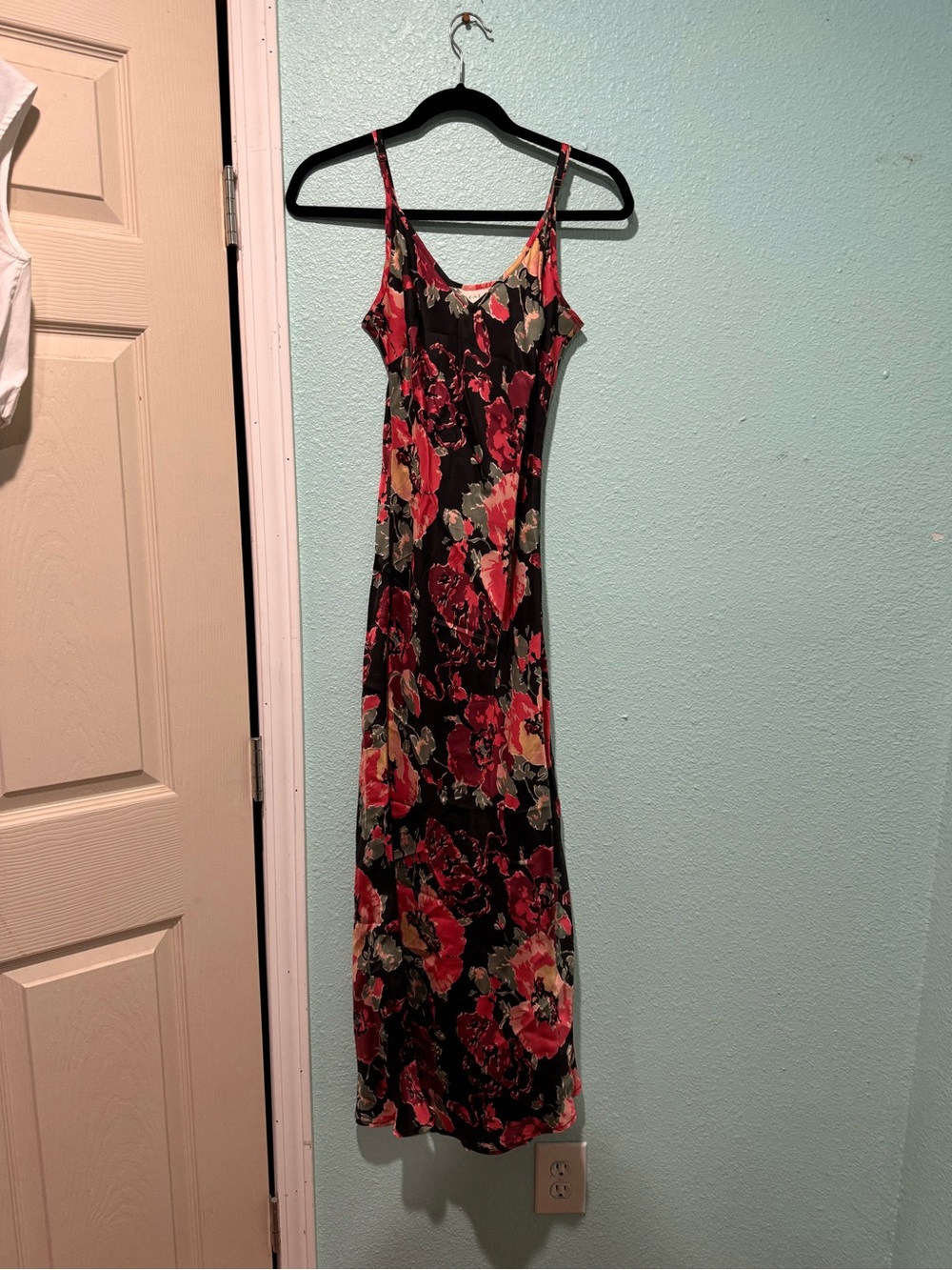 THE GREAT. Black Slip Maxi Dress with Red Floral Print